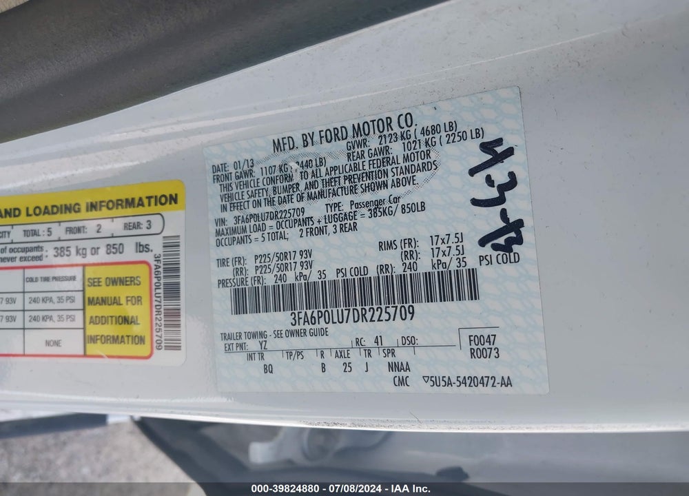2013 FORD FUSION HYBRID SE VIN: 3FA6P0LU7DR225709