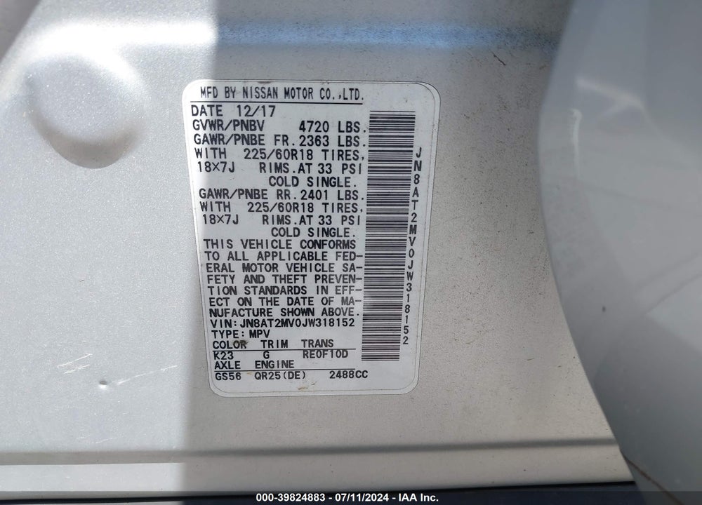 2018 NISSAN ROGUE SL VIN: JN8AT2MV0JW318152
