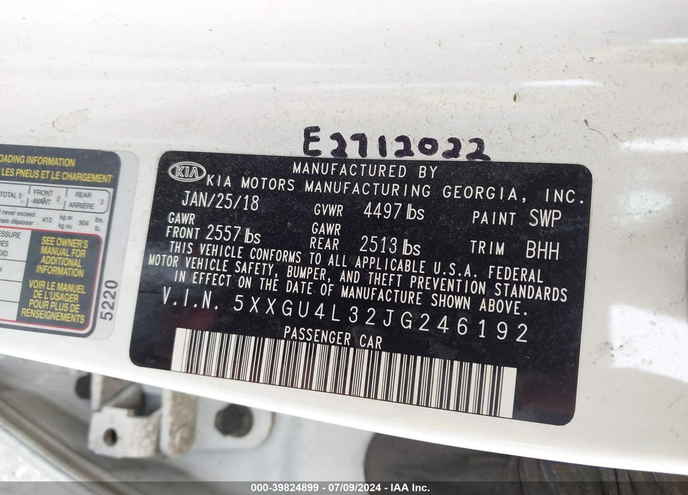 2018 KIA OPTIMA EX VIN: 5XXGU4L32JG246192