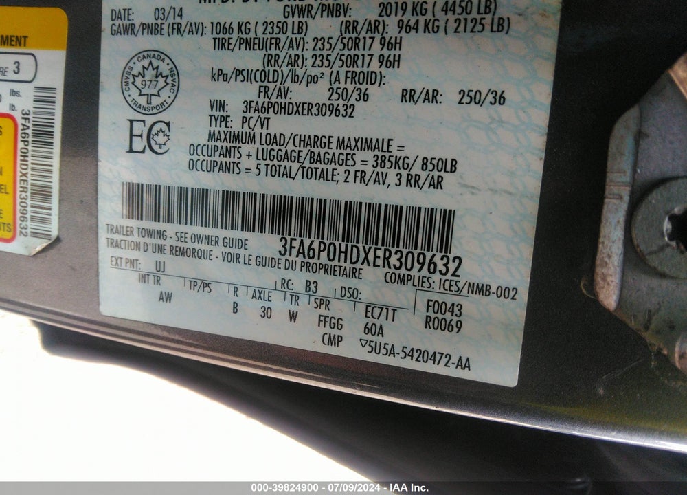 2014 FORD FUSION SE VIN: 3FA6P0HDXER309632