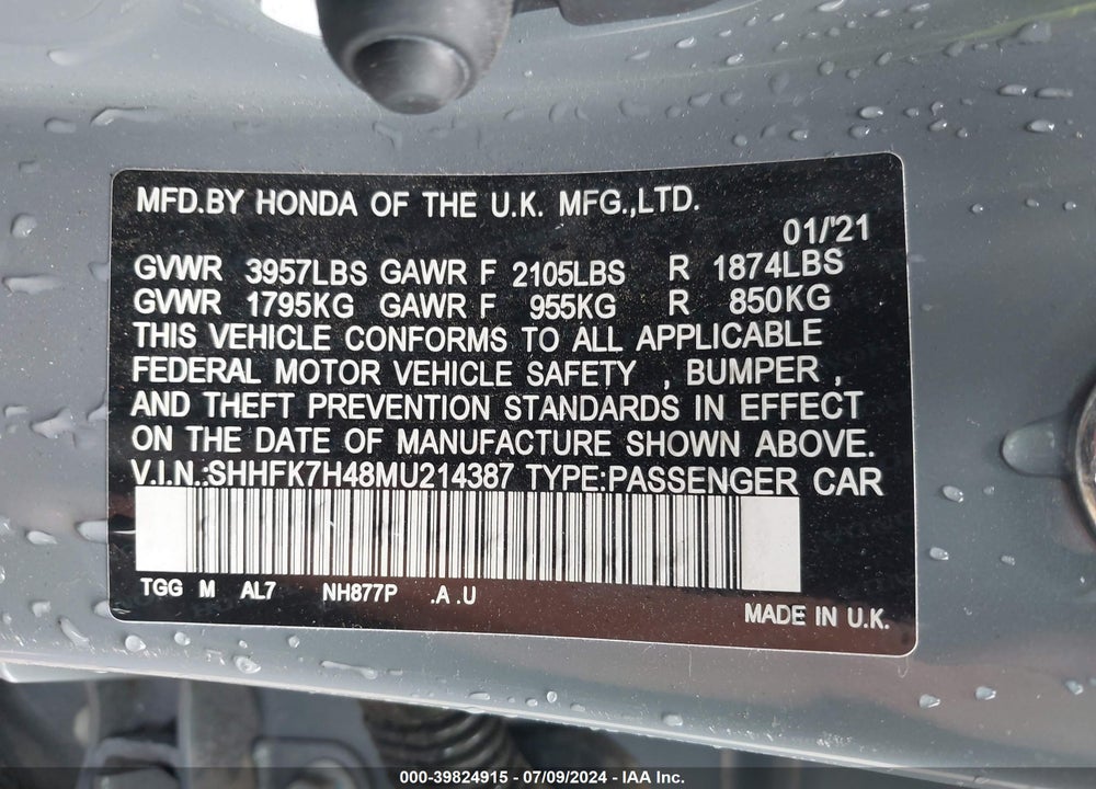 2021 HONDA CIVIC SPORT VIN: SHHFK7H48MU214387