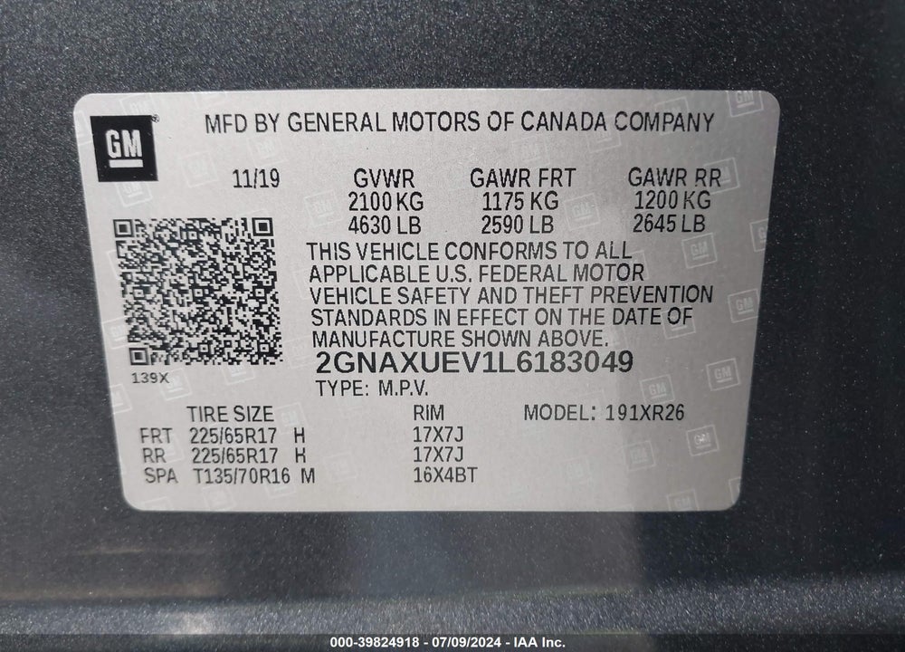 2020 CHEVROLET EQUINOX AWD LT 1.5L TURBO VIN: 2GNAXUEV1L6183049