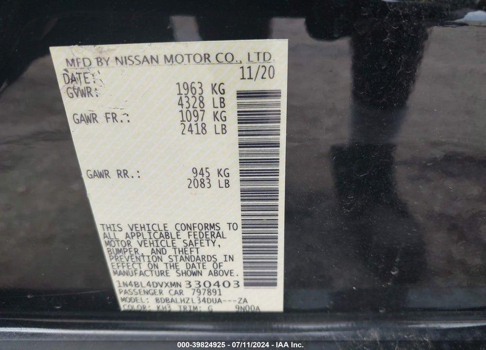 2021 NISSAN ALTIMA SV FWD VIN: 1N4BL4DVXMN330403
