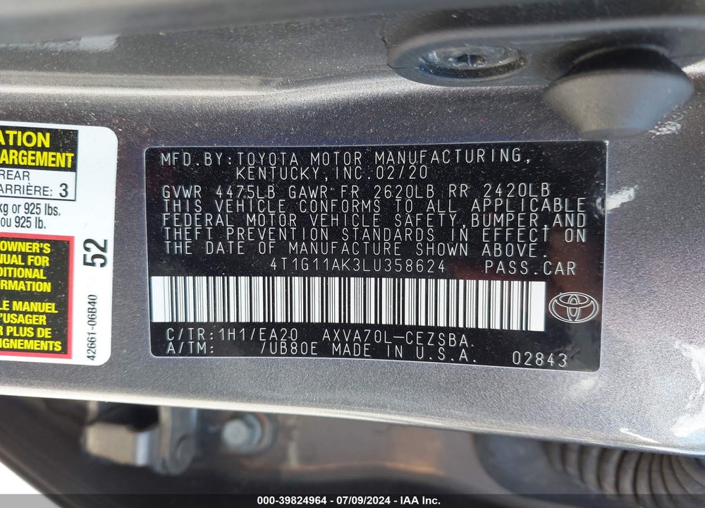 2020 TOYOTA CAMRY SE VIN: 4T1G11AK3LU358624