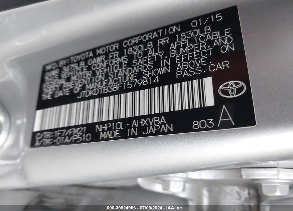 2015 TOYOTA PRIUS C TWO VIN: JTDKDTB38F1579814