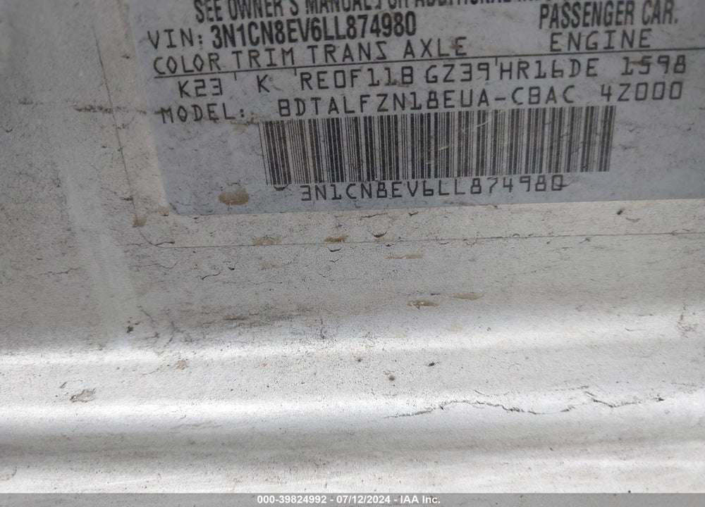 2020 NISSAN VERSA SV XTRONIC CVT VIN: 3N1CN8EV6LL874980
