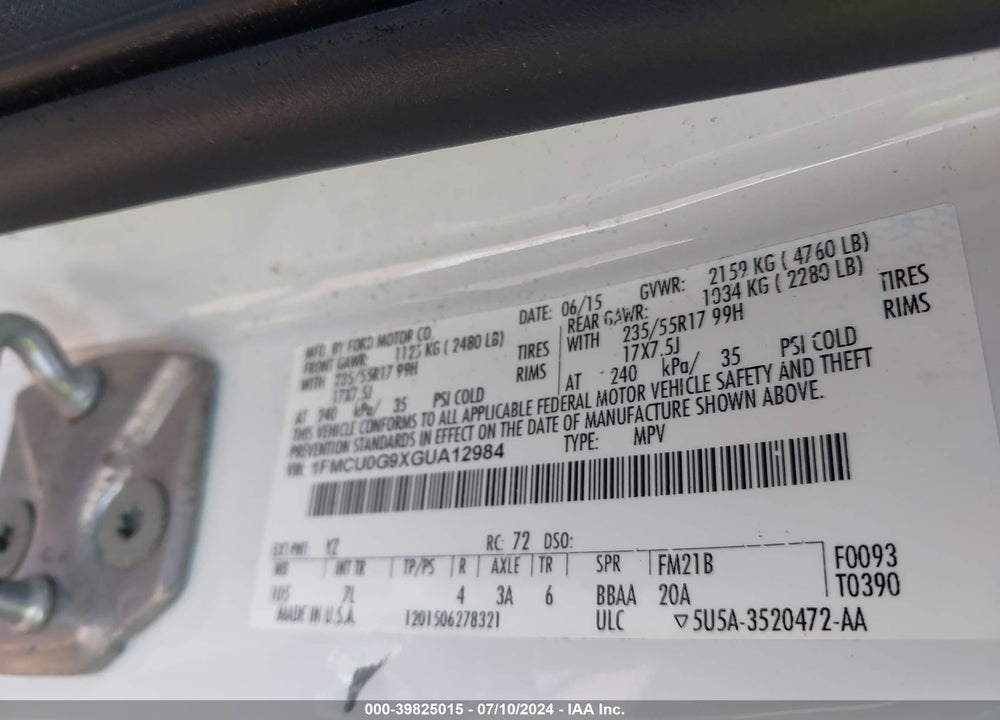 2016 FORD ESCAPE SE VIN: 1FMCU0G9XGUA12984