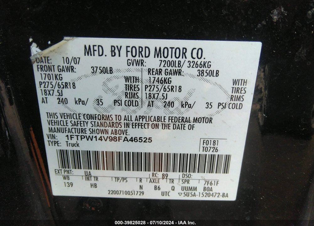 2008 FORD F-150 VIN: 1FTPW14V98FA46525