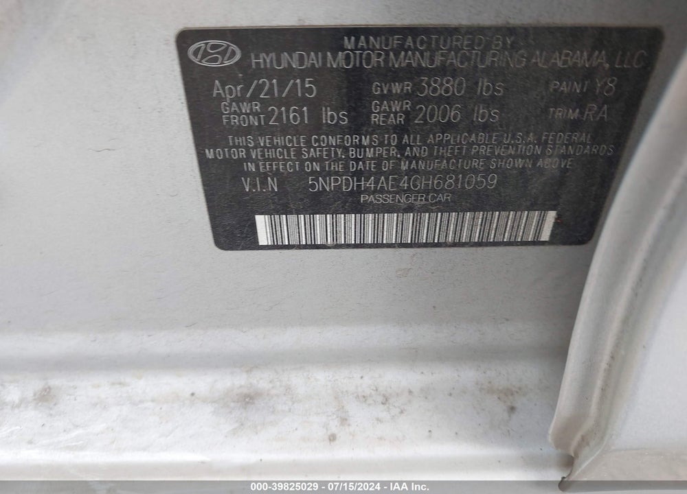 2016 HYUNDAI ELANTRA SE VIN: 5NPDH4AE4GH681059