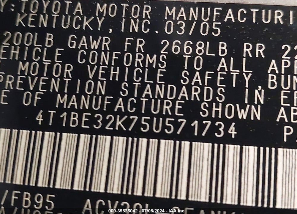 2005 TOYOTA CAMRY LE VIN: 4T1BE32K75U571734