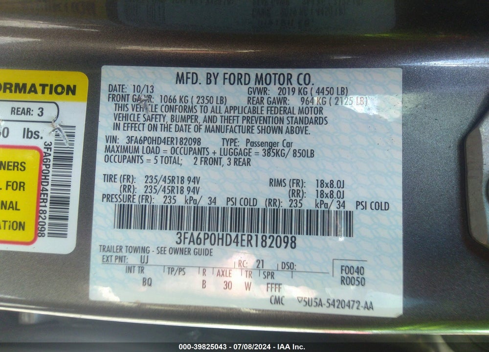2014 FORD FUSION SE VIN: 3FA6P0HD4ER182098