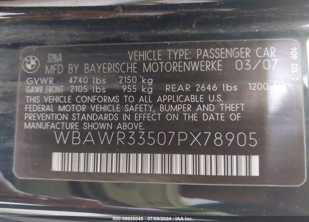 2007 BMW 328I VIN: WBAWR33507PX78905