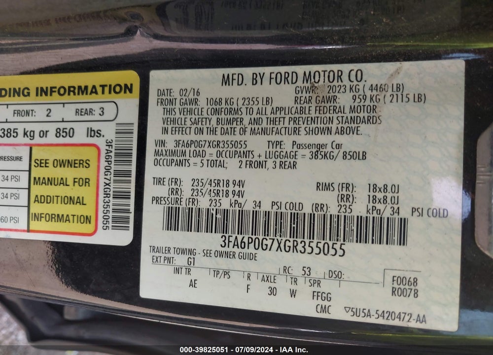 2016 FORD FUSION S VIN: 3FA6P0G7XGR355055