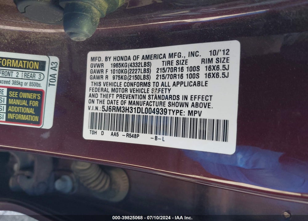 2013 HONDA CR-V LX VIN: 5J6RM3H31DL004939