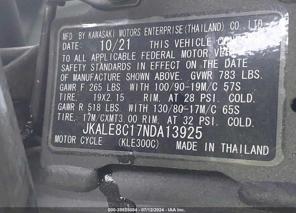 2022 KAWASAKI KLE300 C VIN: JKALE8C17NDA13925