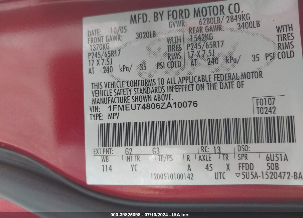 2006 FORD EXPLORER EDDIE BAUER VIN: 1FMEU74806ZA10076
