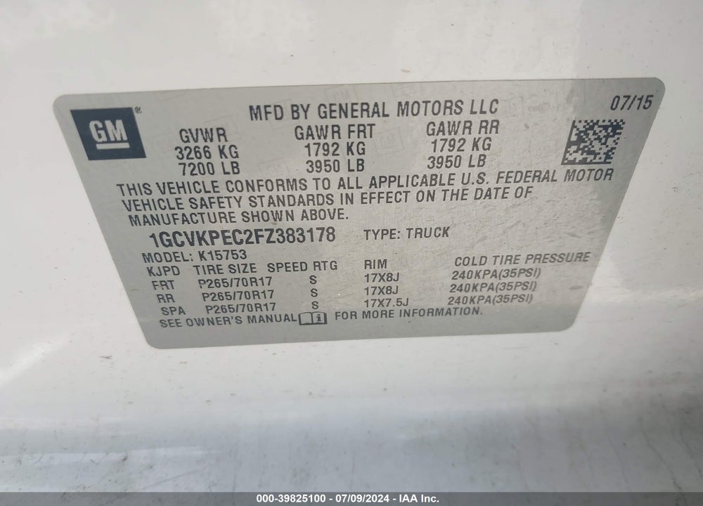 2015 CHEVROLET SILVERADO 1500 WT VIN: 1GCVKPEC2FZ383178