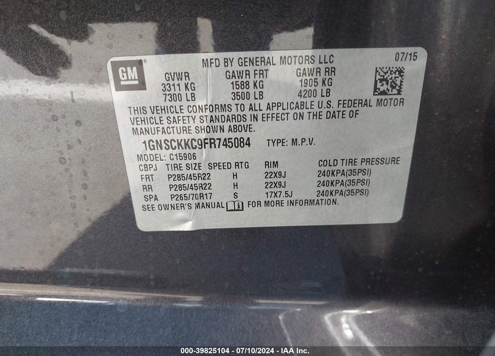 2015 CHEVROLET SUBURBAN 1500 LTZ VIN: 1GNSCKKC9FR745084
