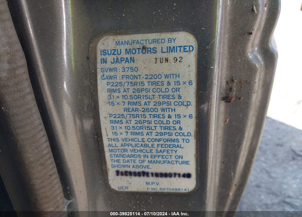 1992 ISUZU AMIGO VIN: JACBG07E1N9807148