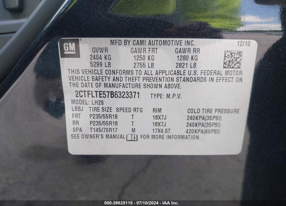 2011 GMC TERRAIN SLE-2 VIN: 2CTFLTE57B6323371