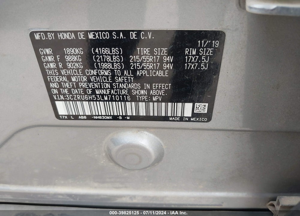 2020 HONDA HR-V AWD EX VIN: 3CZRU6H53LM710116