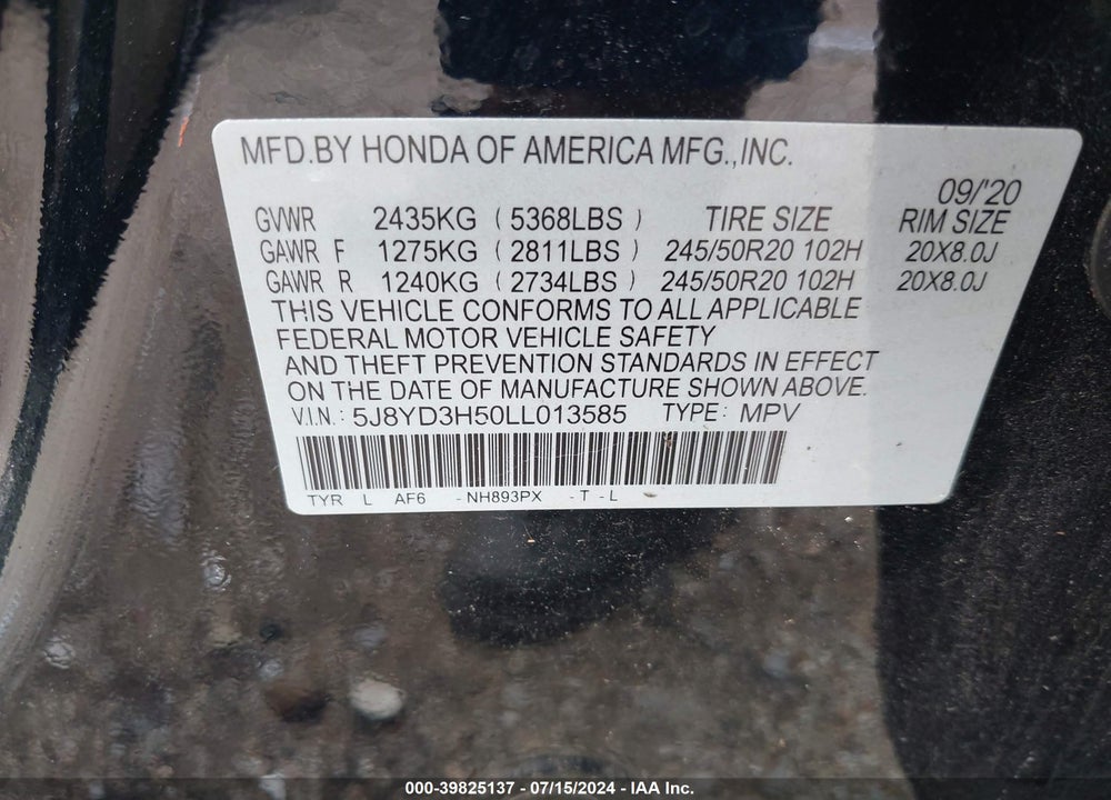 2020 ACURA MDX TECHNOLOGY PACKAGE VIN: 5J8YD3H50LL013585