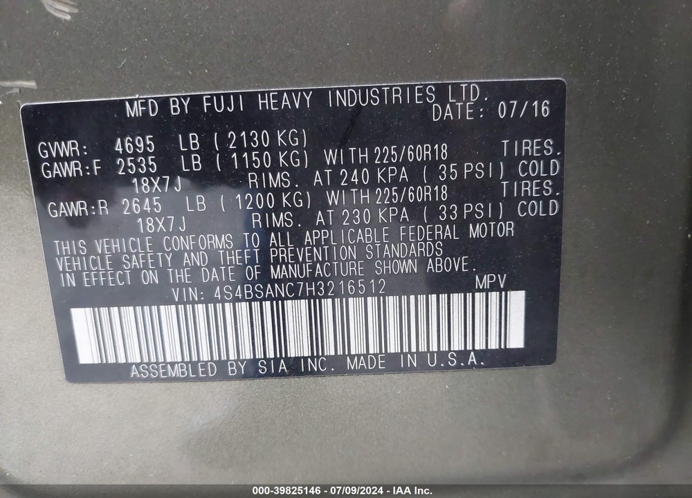 2017 SUBARU OUTBACK VIN: 4S4BSANC7H3216512
