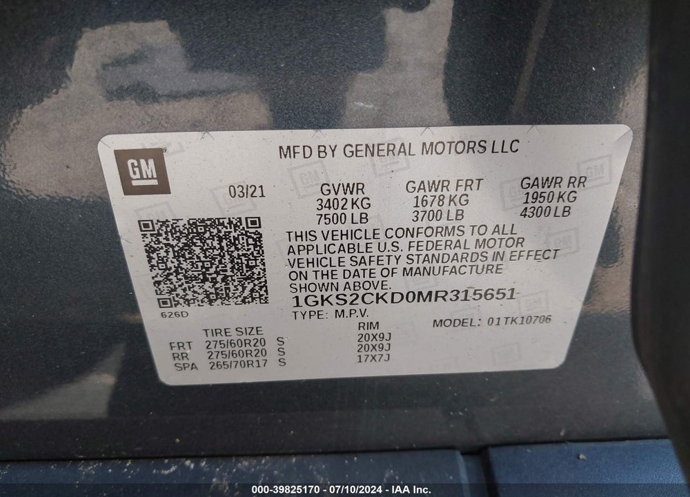 2021 GMC YUKON 4WD AT4 VIN: 1GKS2CKD0MR315651