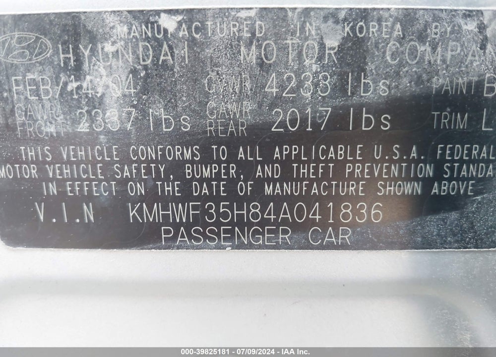 2004 HYUNDAI SONATA GLS/LX VIN: KMHWF35H84A041836