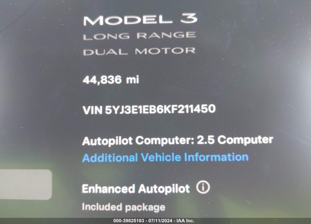 2019 TESLA MODEL 3 LONG RANGE/PERFORMANCE VIN: 5YJ3E1EB6KF211450