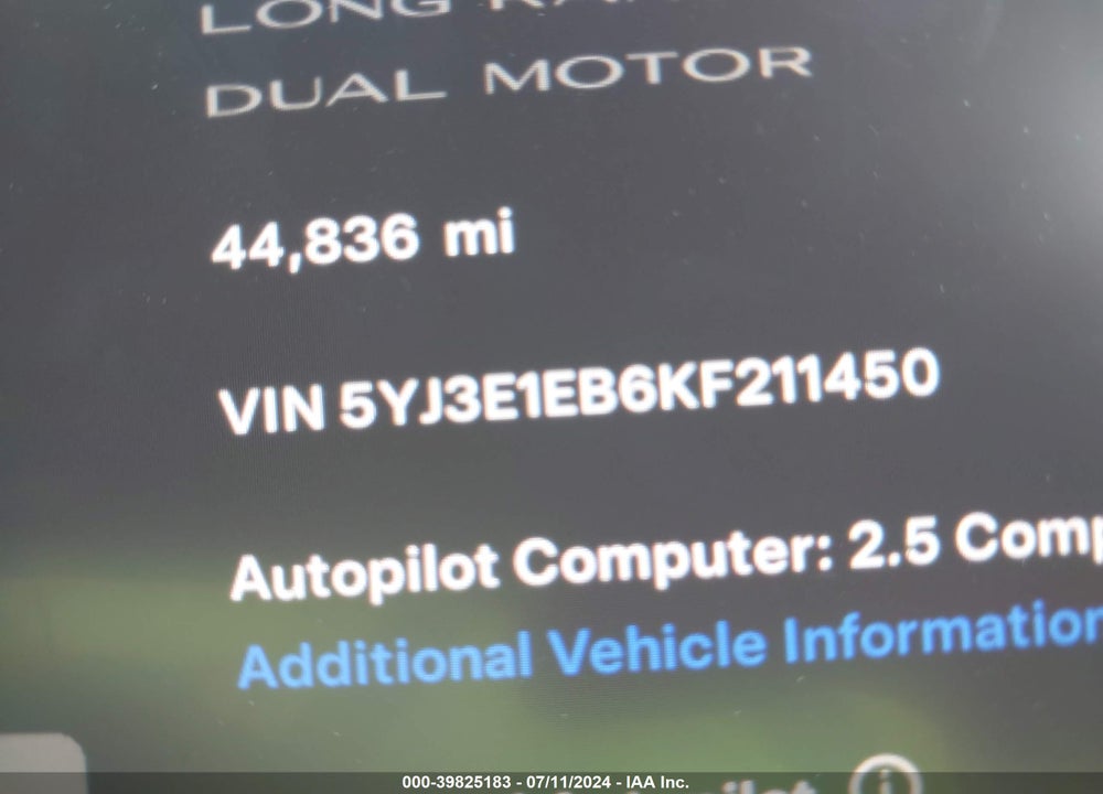 2019 TESLA MODEL 3 LONG RANGE/PERFORMANCE VIN: 5YJ3E1EB6KF211450