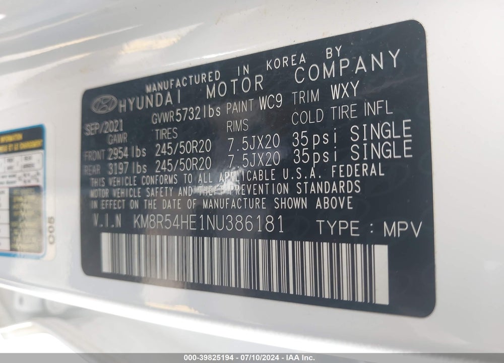 2022 HYUNDAI PALISADE LIMITED VIN: KM8R54HE1NU386181