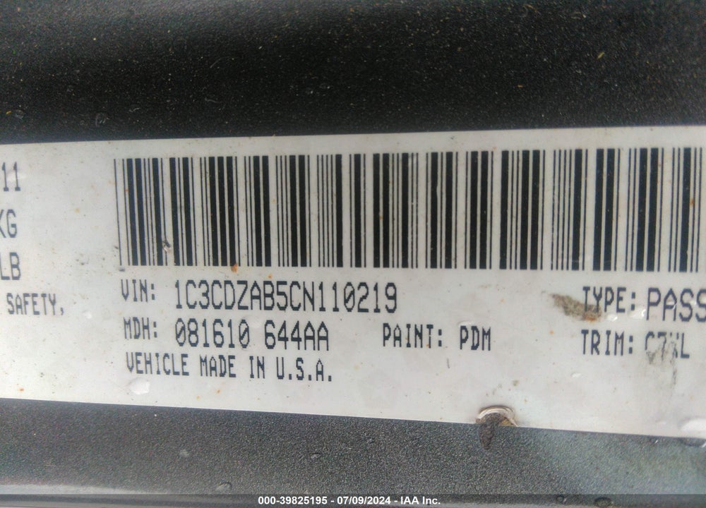 2012 DODGE AVENGER SE VIN: 1C3CDZAB5CN110219