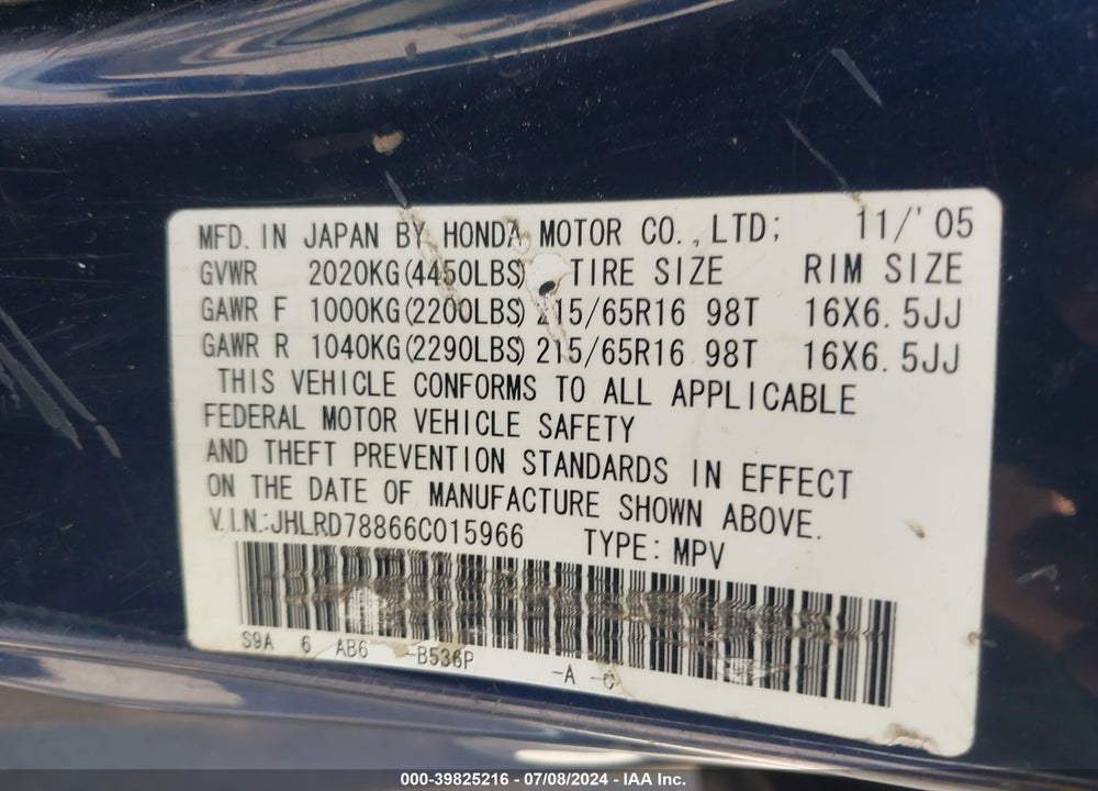 2006 HONDA CR-V EX VIN: JHLRD78866C015966