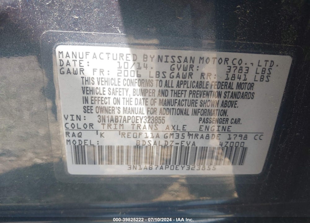 2014 NISSAN SENTRA SV VIN: 3N1AB7AP0EY323855