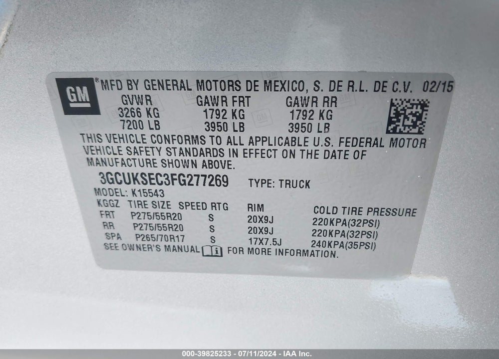 2015 CHEVROLET SILVERADO 1500 1LZ VIN: 3GCUKSEC3FG277269