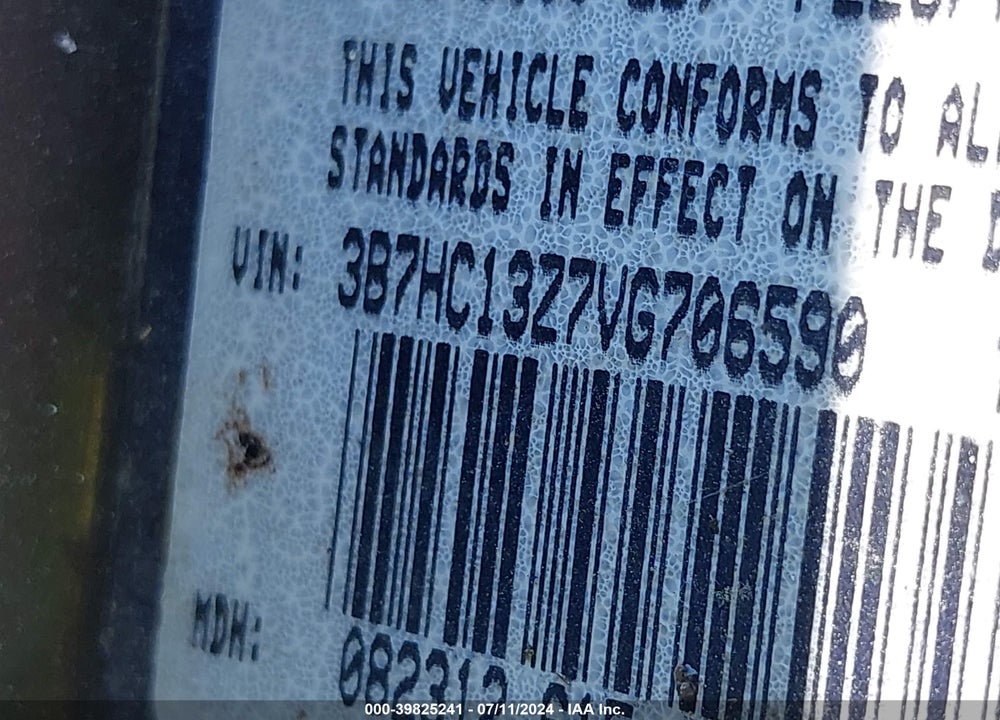 1997 DODGE RAM 1500 ST VIN: 3B7HC13Z7VG706590