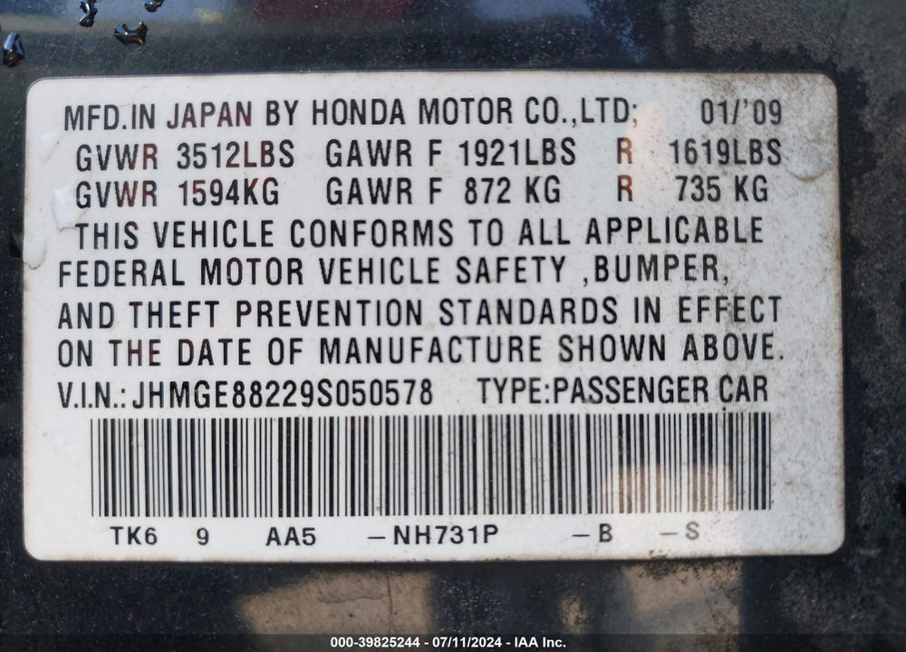 2009 HONDA FIT VIN: JHMGE88229S050578