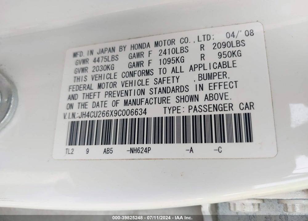 2009 ACURA TSX VIN: JH4CU266X9C006634