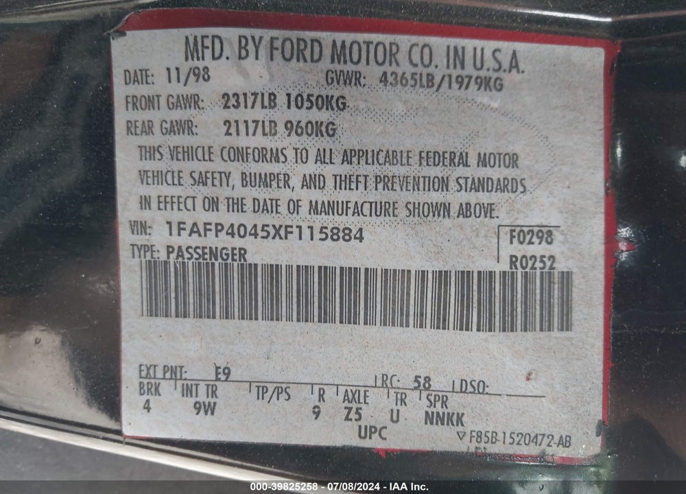 1999 FORD MUSTANG VIN: 1FAFP4045XF115884