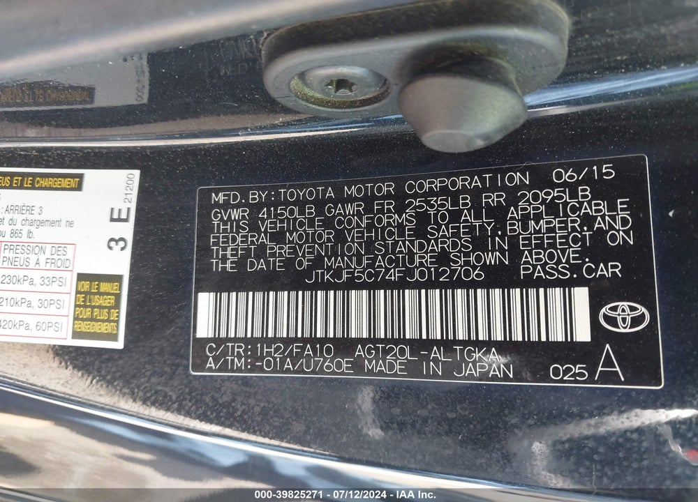 2015 SCION TC VIN: JTKJF5C74FJ012706