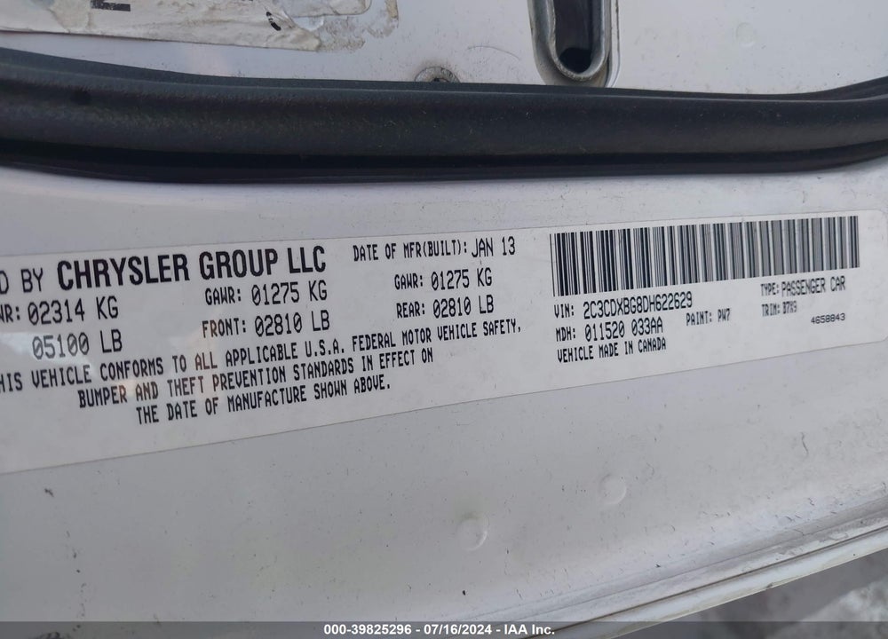 2013 DODGE CHARGER SE VIN: 2C3CDXBG8DH622629