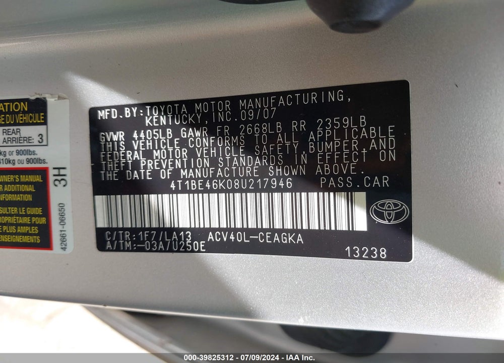 2008 TOYOTA CAMRY XLE VIN: 4T1BE46K08U217946