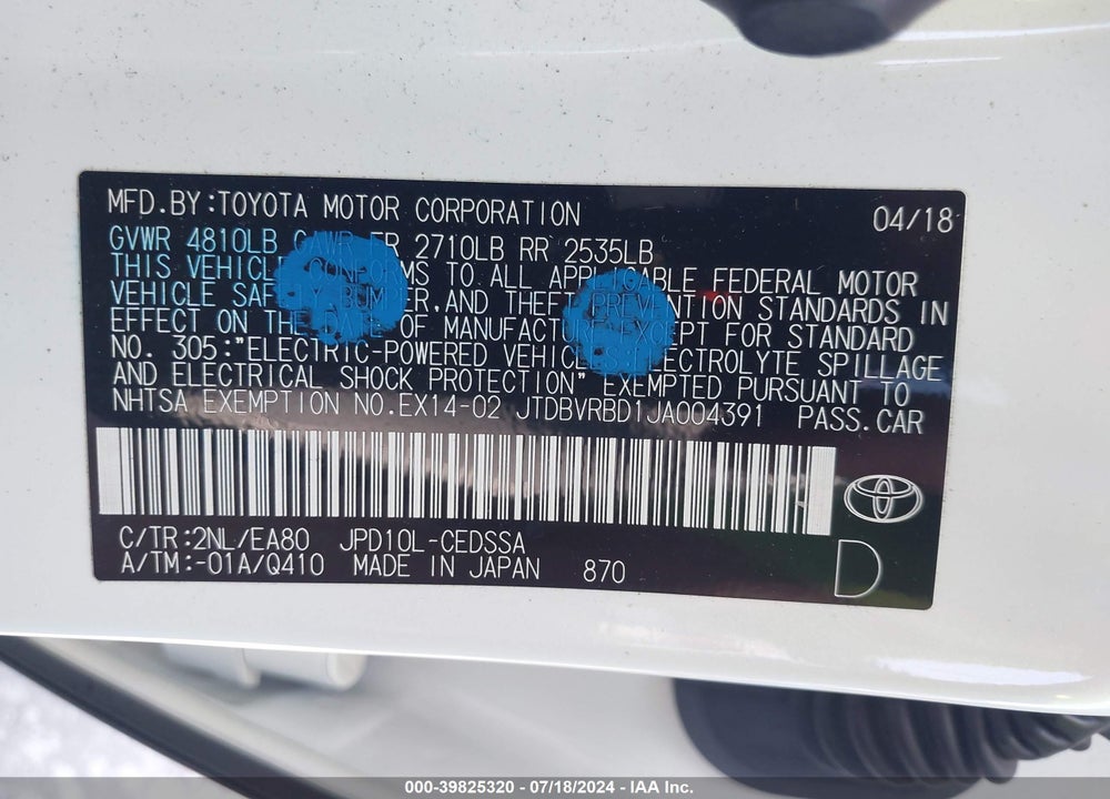 2018 TOYOTA MIRAI VIN: JTDBVRBD1JA004391