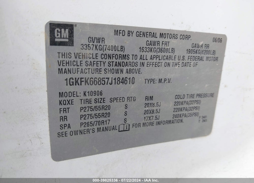 2007 GMC YUKON XL 1500 DENALI VIN: 1GKFK66857J184610