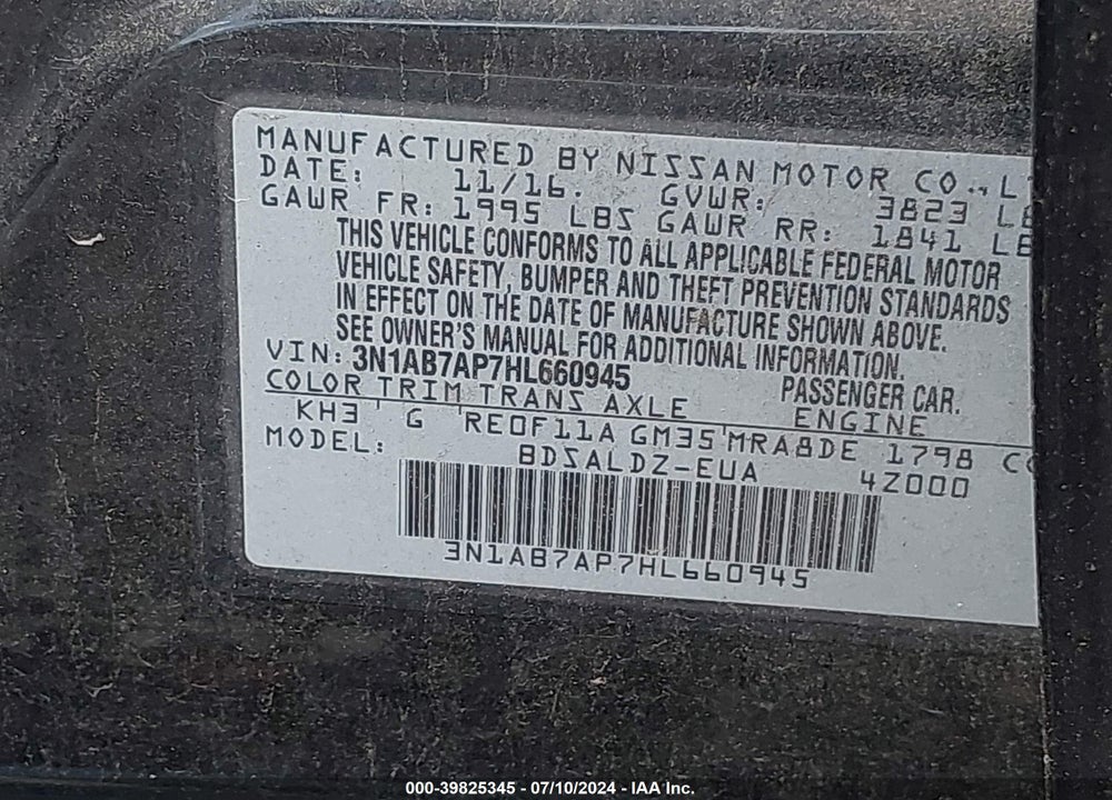 2017 NISSAN SENTRA VIN: 3N1AB7AP7HL660945