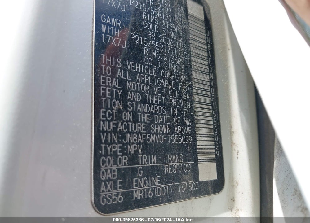 2015 NISSAN JUKE SV VIN: JN8AF5MV0FT555029