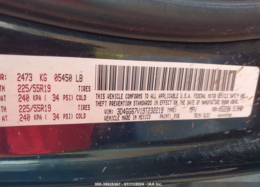 2009 DODGE JOURNEY R/T VIN: 3D4GG67V19T232219