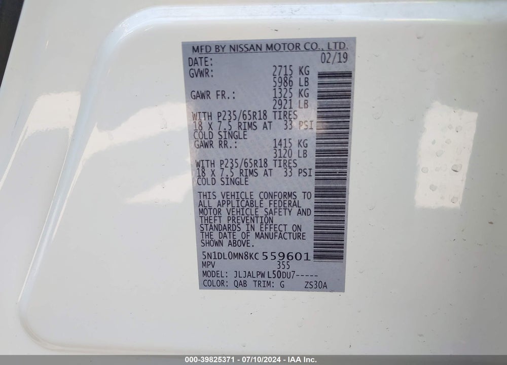 2019 INFINITI QX60 PURE VIN: 5N1DL0MN8KC559601