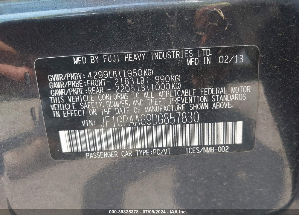 2013 SUBARU IMPREZA 2.0I VIN: JF1GPAA69DG857830